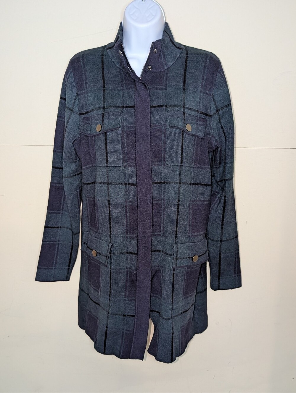 Max Studio Plaid Stand-Collar Knit Jacket Navy and Forest Green